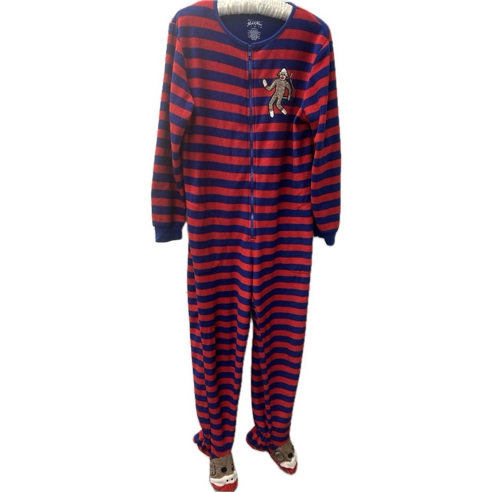 Nick & Nora Blue Red Stripe One Piece Sock Monkey Footie Pajamas Size S